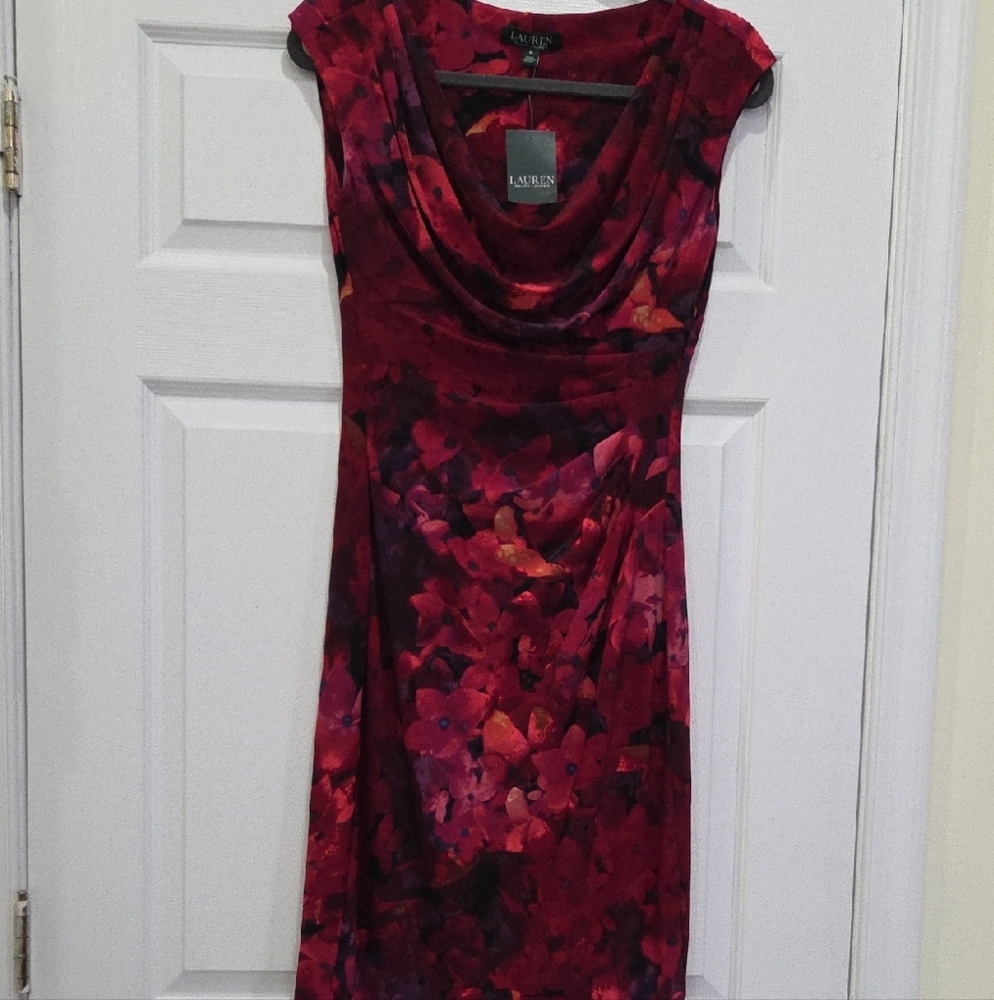 Lauren Ralph Lauren Red Sheath Midi Dress Cowl Neck